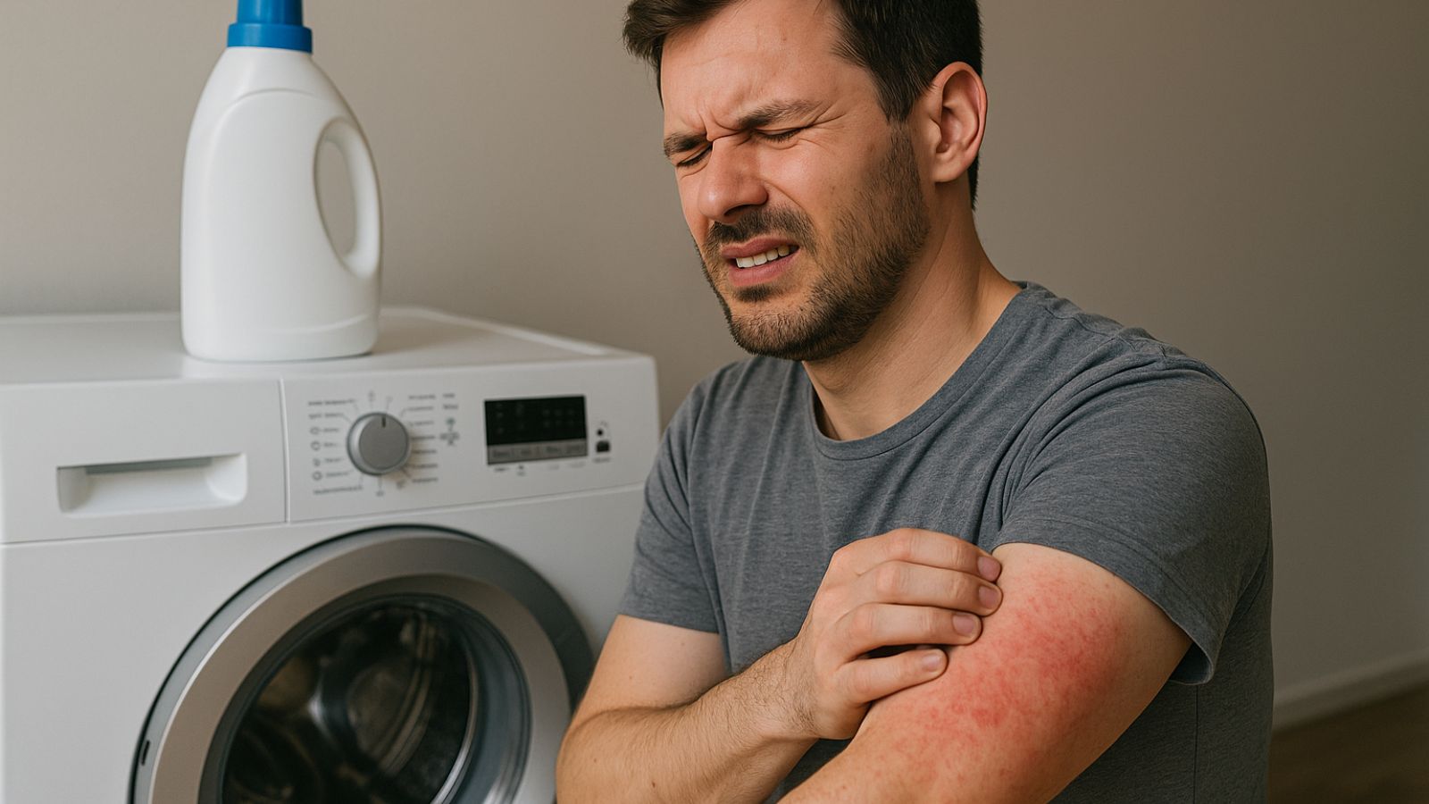 Illustration d'un homme ayant une réaction allergique à la lessive. ©LP, Chat GPT 
